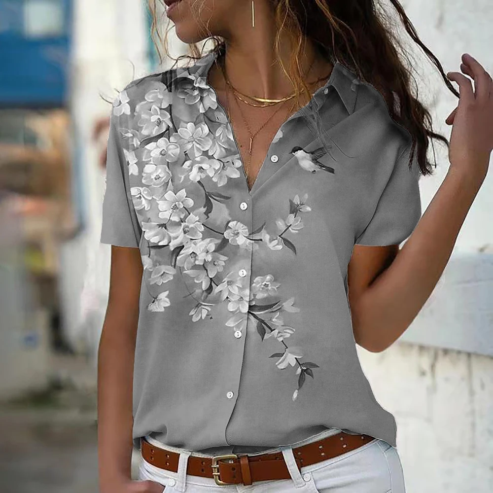 Camisa con estampado Floral de pájaro en 3D para mujer, blusa elegante de manga corta con botones de talla grande, ropa de moda