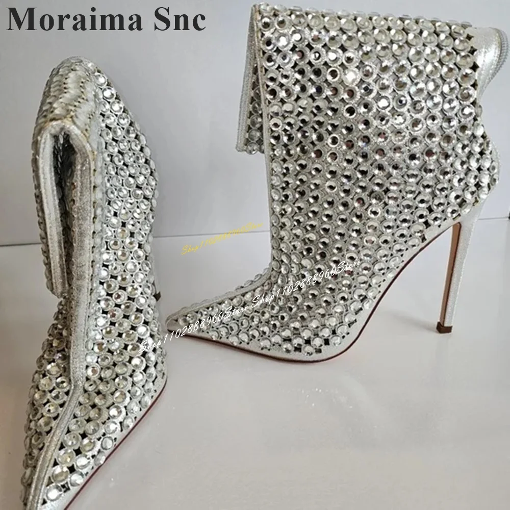 

Sparkling Mid Calf Silver Crystal Net Boots Thin High Heel Women Shoes Back Zipper Pointed Toe 2024 Fashion Zapatos Para Mujere