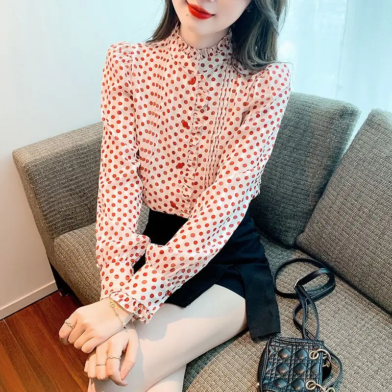 Spring Autumn New Fashion Half High Collar Long Sleeve Blouses Women\'s Clothing Polka Dot Button Loose All-match Korean Shirts