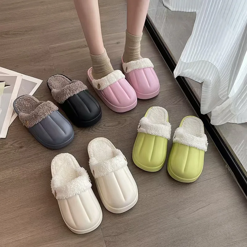 

Зимние теплые тапочки для пары, уличные модные непромокаемые плюшевые хлопковые тапочки, домашние теплые уютные нескользящие домашние женские туфли