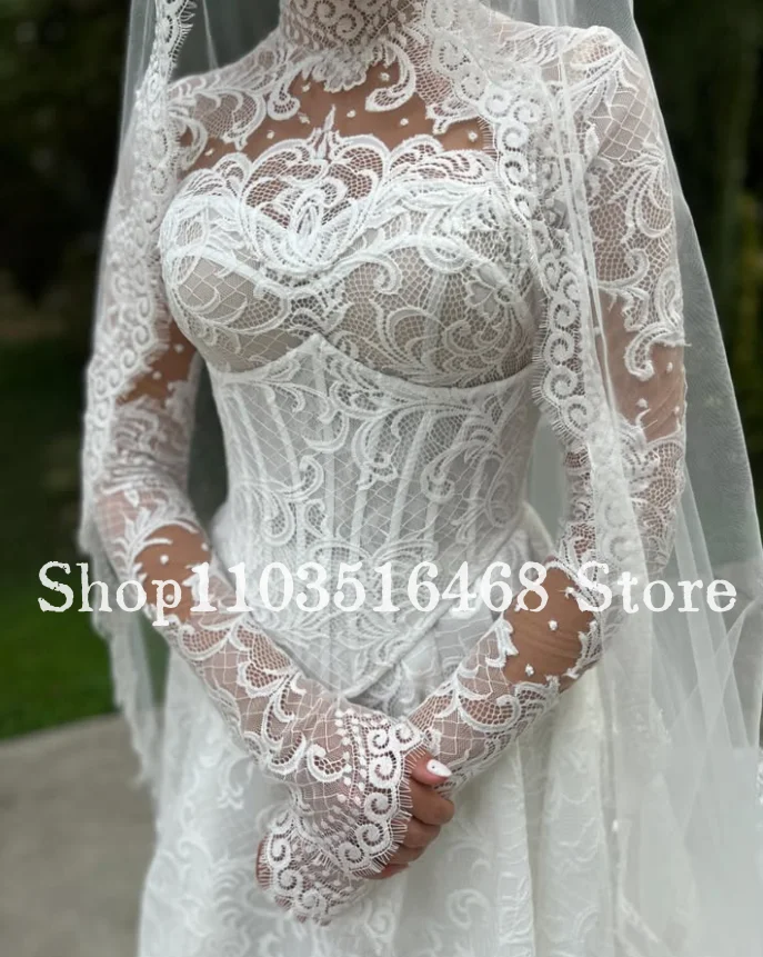 Customised Lace Long Sleeve Wedding Dress High Neck Corset A Line Skirt Bridal Gown Church Ceremony Garden Wedding Evening Gown