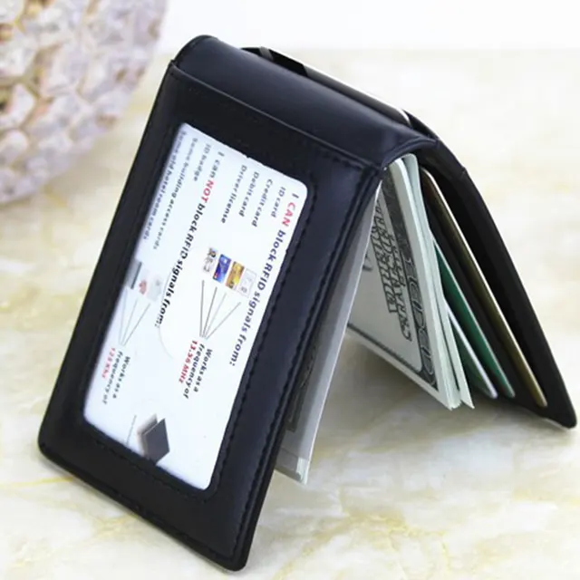 Męski skórzany portfel RFID Slim Bifold z klipsem na pieniądze, przednia kieszeń, etui na karty kredytowe