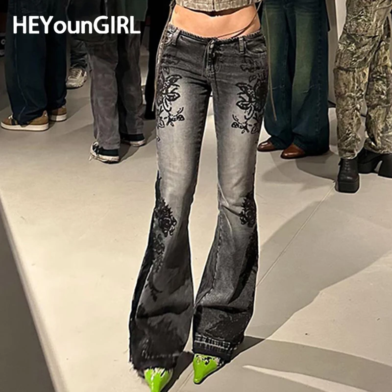 HEYounGIRL Vintage Plant Print Washed Low Waist Flared Jeans Y2K Fashion Aesthetic Slim Fit Graphic Denim Trousers High Street