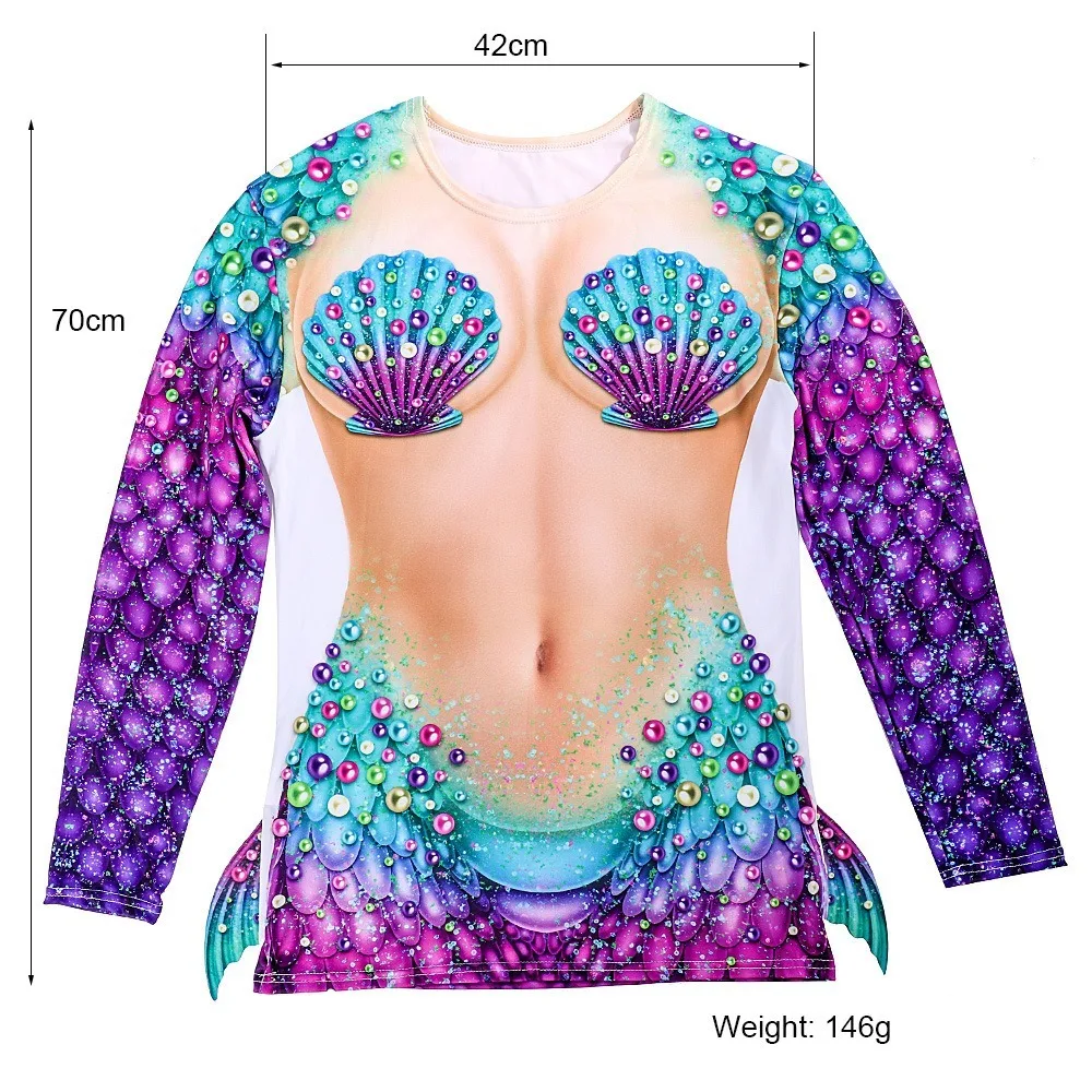 Carnival Halloween Party Adult One Size Printed COSPLAY Mermaid Ocean Shell Long Sleeve T-shirt halloween costumes for women