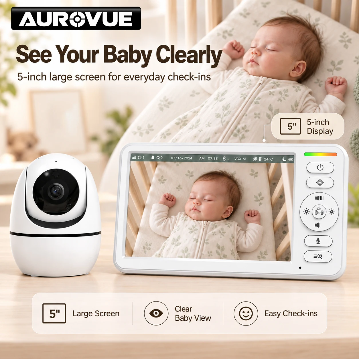 Moniteur vidéo pour bébé de 5 pouces avec batterie de 5000 mAh, caméra panoramique, inclinable et zoommable, vision nocturne, audio bidirectionnel, surveillance de la température et berceuses, babyphone avec écran pour la surveillance du sommeil des nourrissons et des bébés en chambre d'enfant.