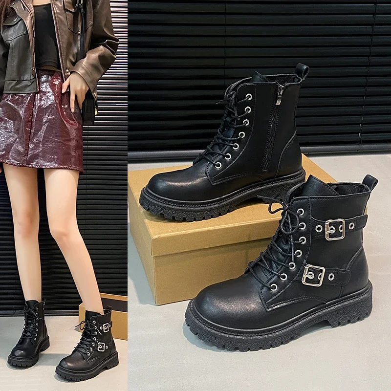 2025 botines negros con tacón cuadrado y cordones delanteros para Mujer, botas New Rock para motocicleta, Zapatos De plataforma De tallas grandes para Mujer