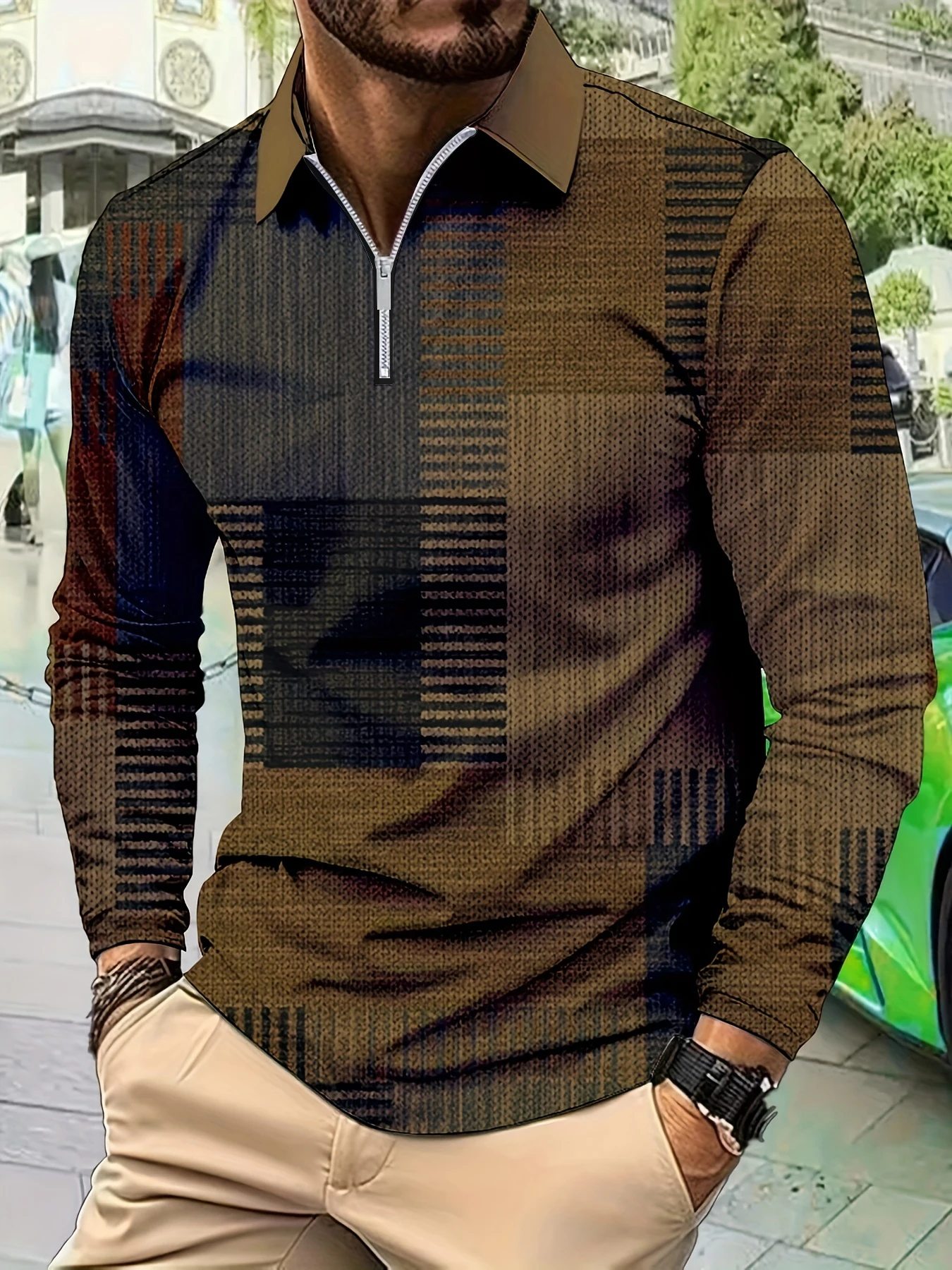 Herren Poloshirt mit Kragen und Langen Ärmeln, Lässiges Sport-Oberteil mit Reißverschluss, Dünnes Bedrucktes T-Shirt