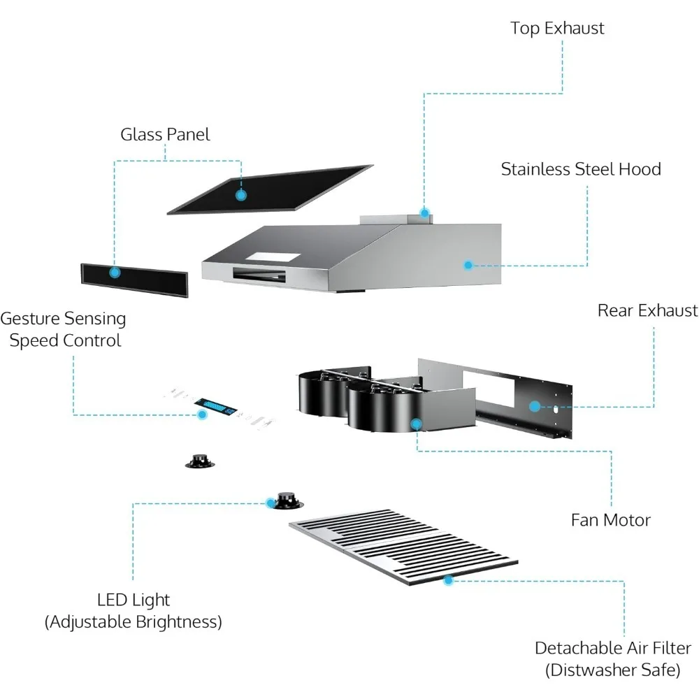 Upgraded 30-inch under-cabinet range hood, 900 CFM extractor hood with 4-speed fan, and sensor touch controls