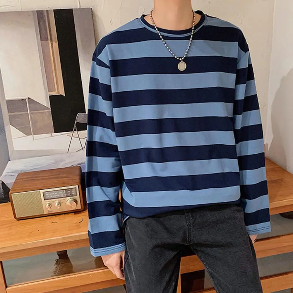 Striped Long Sleeve T-Shirt Men\'s Korean Style Contrast Striped Crewneck Top Loose Casual Sweatshirt Youth Fashion Accessories