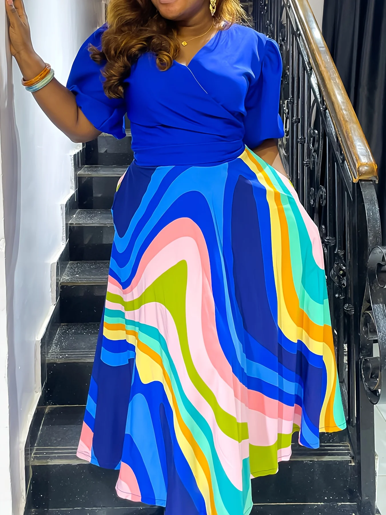 Sweet-Elegant Casual Mixed Print Contrast V-Neck 3/4-Sleeve Two-Piece Set