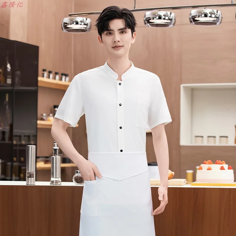 Verão malha respirável único breasted gola branca manga curta jaqueta de chef para catering hotel restaurante cantina trabalho un