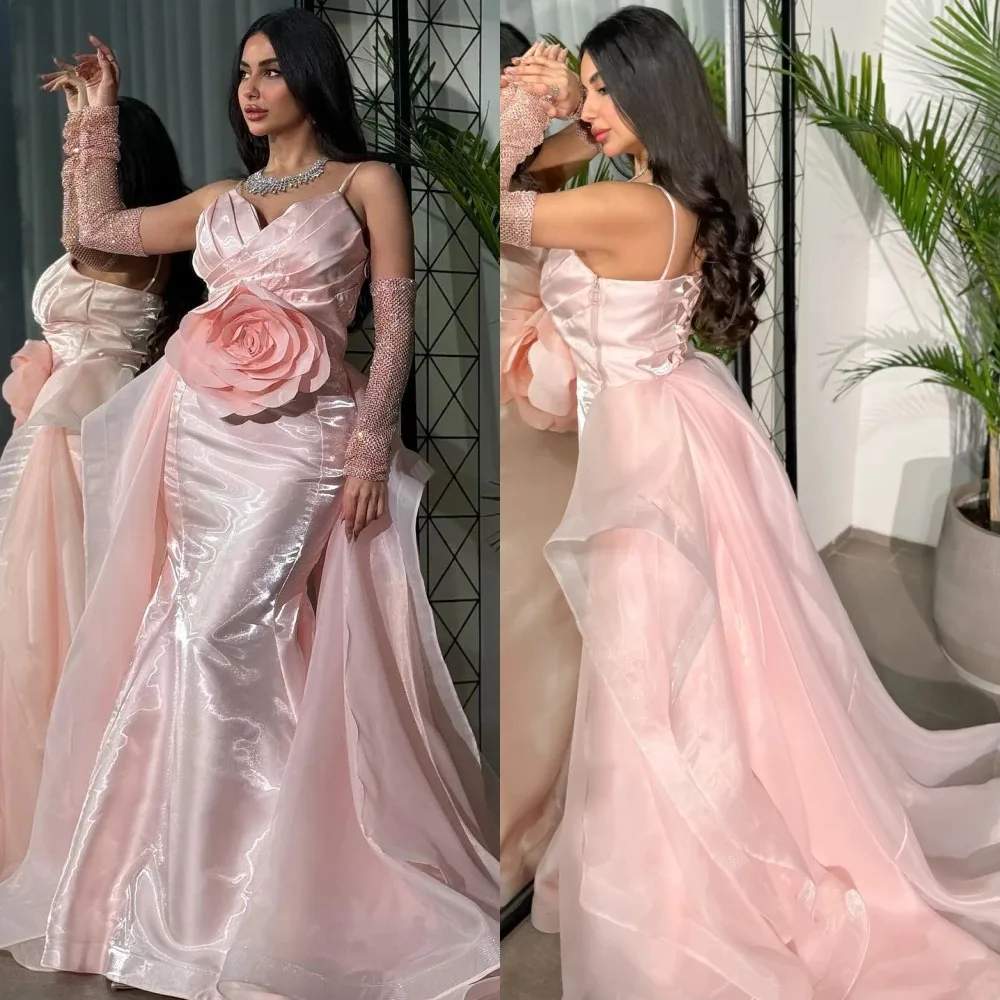 Satin Flower Pleat Evening Trumpet V-neck Bespoke Occasion Gown Long Dresses Saudi Arabia