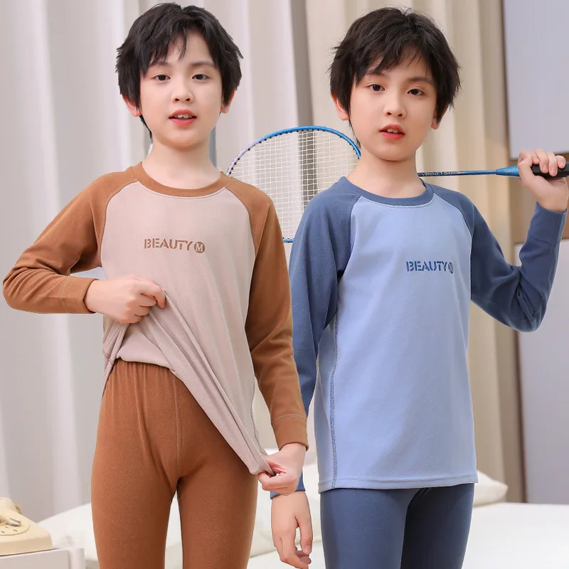 

Autumn and Winter Children's Double-sided Brushed Warm Underwear Set with Letter Printed Autumn Clothes and Pants for Boys Girls