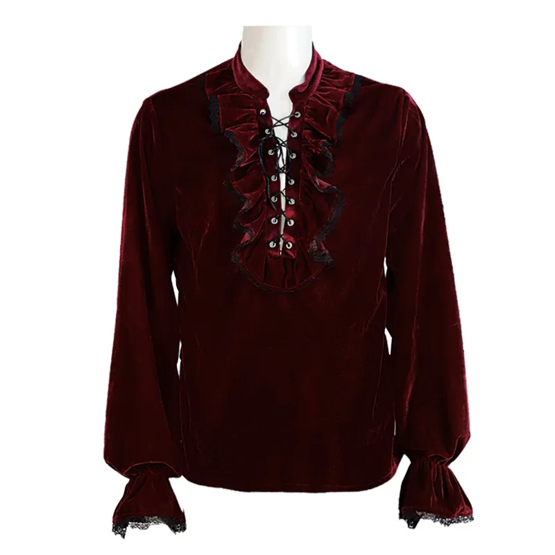 Camisa de seda gótica de Caballero de Halloween para hombre, Top plisado Medieval, correa de vampiro pirata, mangas acampanadas, Cosplay