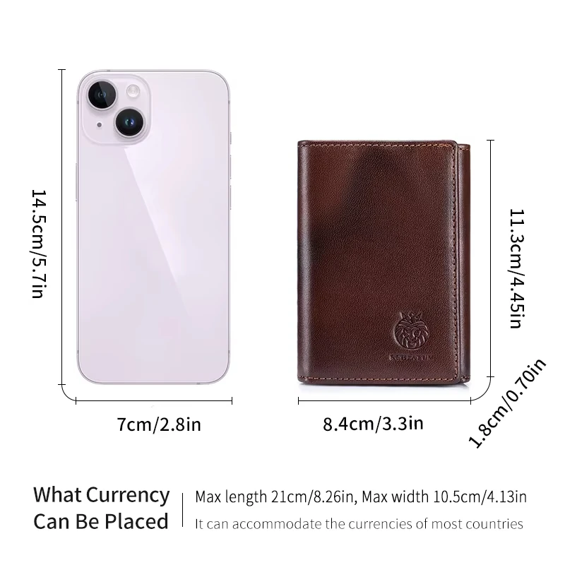 RFID-blockierende Geldbörse aus echtem Leder mit mehreren Kartenfächern für Herren, Vintage-Stil, dünn, dreifach faltbar, Kreditkartenetui mit Ausweisfenster