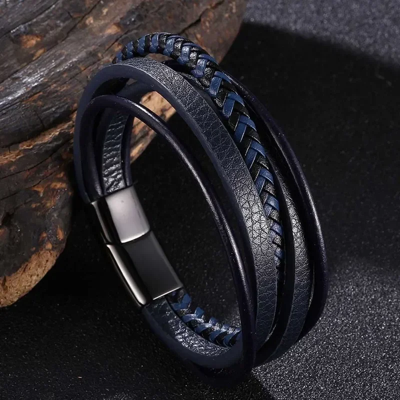 Trendy Red Leather Bracelets Men Stainless Steel Multilayer Braided Rope Bangles for Women Wristband Jewelry Gifts SP1076