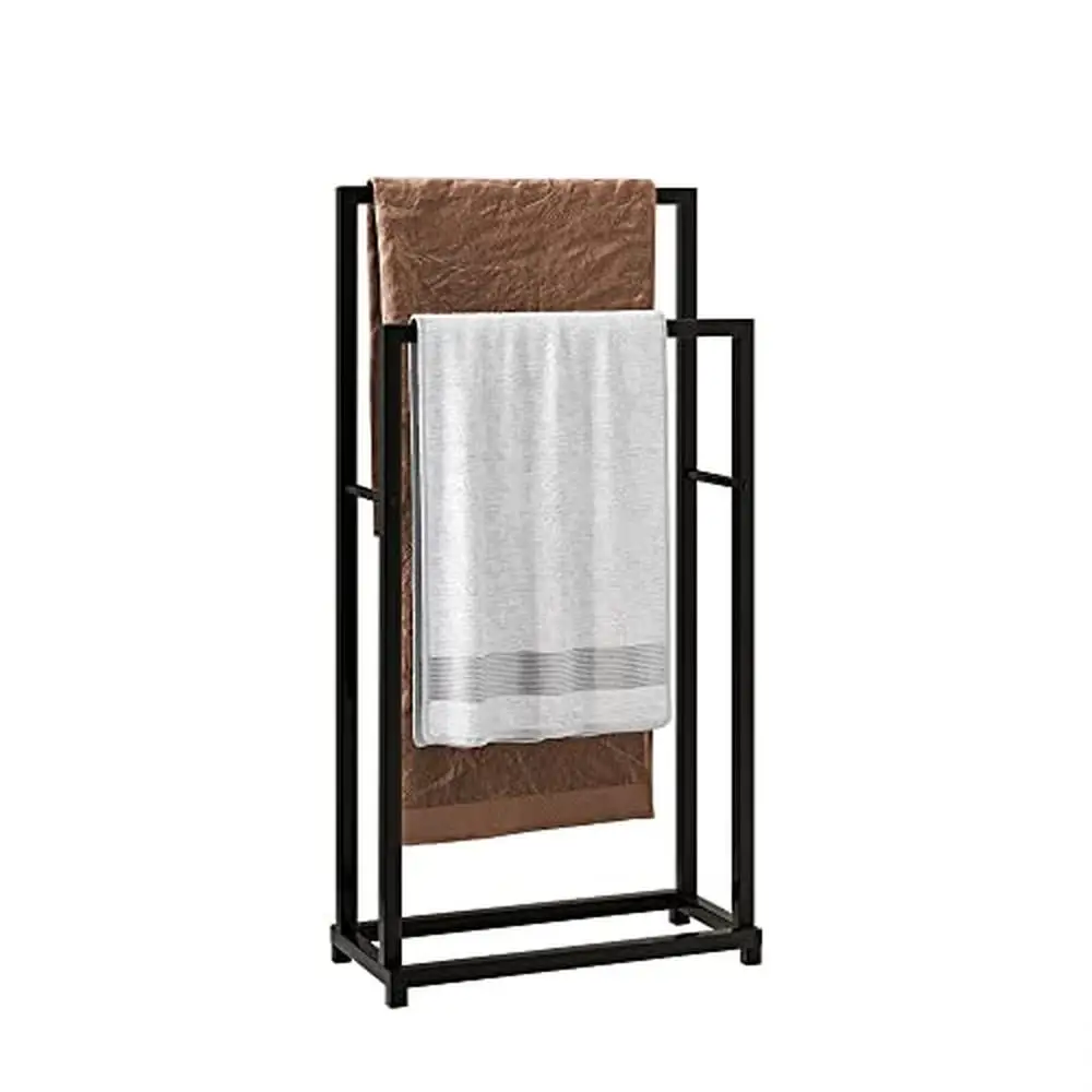 2-Tier Blanket Shelf Towel Rack with Bars Towel Holder Stand Freestanding Bathroom Organizer Black Steel Wire 17.52