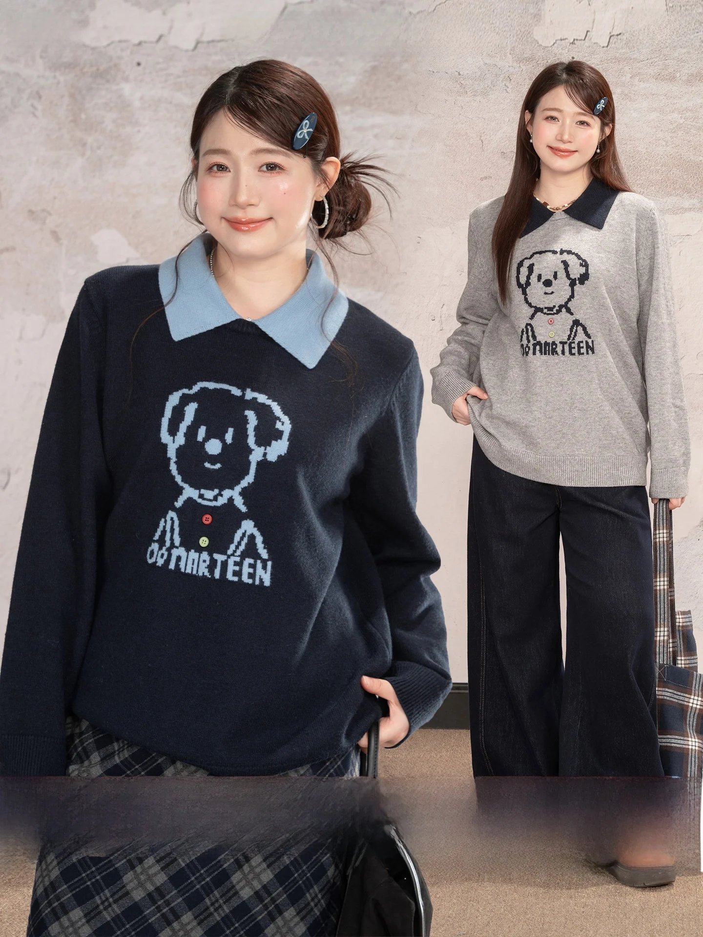 

Heynew plus Size Knitwear Collared Cartoon Dog Print Autumn Winter Slimming Top Color Blo Flip Collar Heavy Du Knitted Sw...