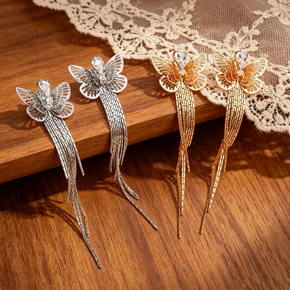 Light Luxury Butterfly Tassel Earrings for Women, Long Earrings with Diamonds, Suitable for Evening Dresses, High-End Niche Design Earrings