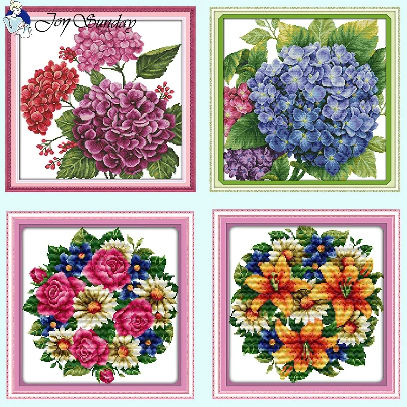 Joy Sunday Floral Series Printed Cross Stitch Kits Aida14ct 16ct 11ct White Counted Canvas Fabric Embroidery Set DIY Home Decor