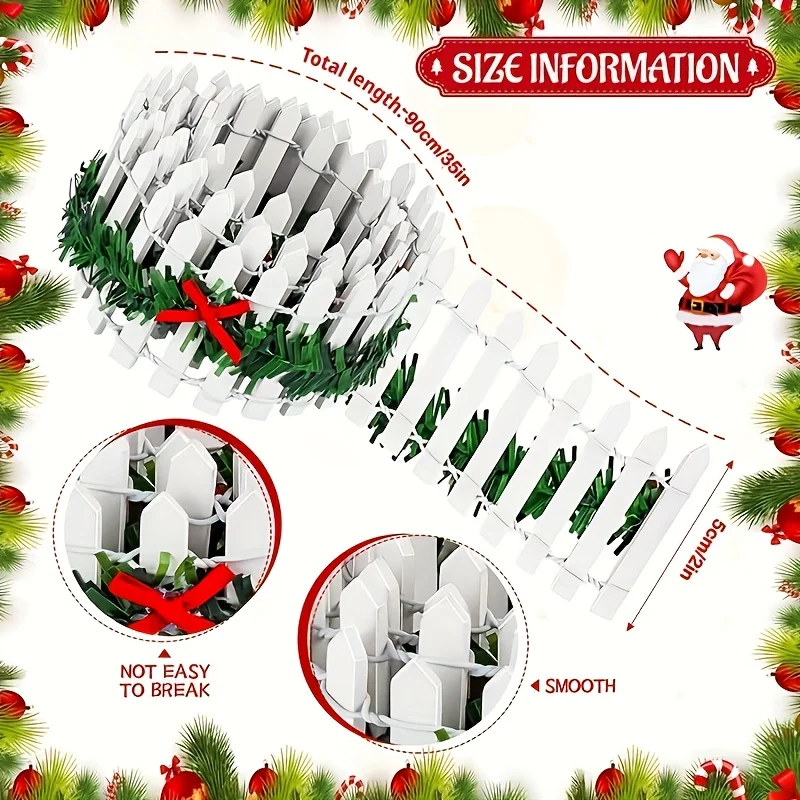 1pc Mini White Picket Fence with Wood Pickets Green Garland Red Bows Mini Christmas Village Garden Decor Dollhouse Outdoor