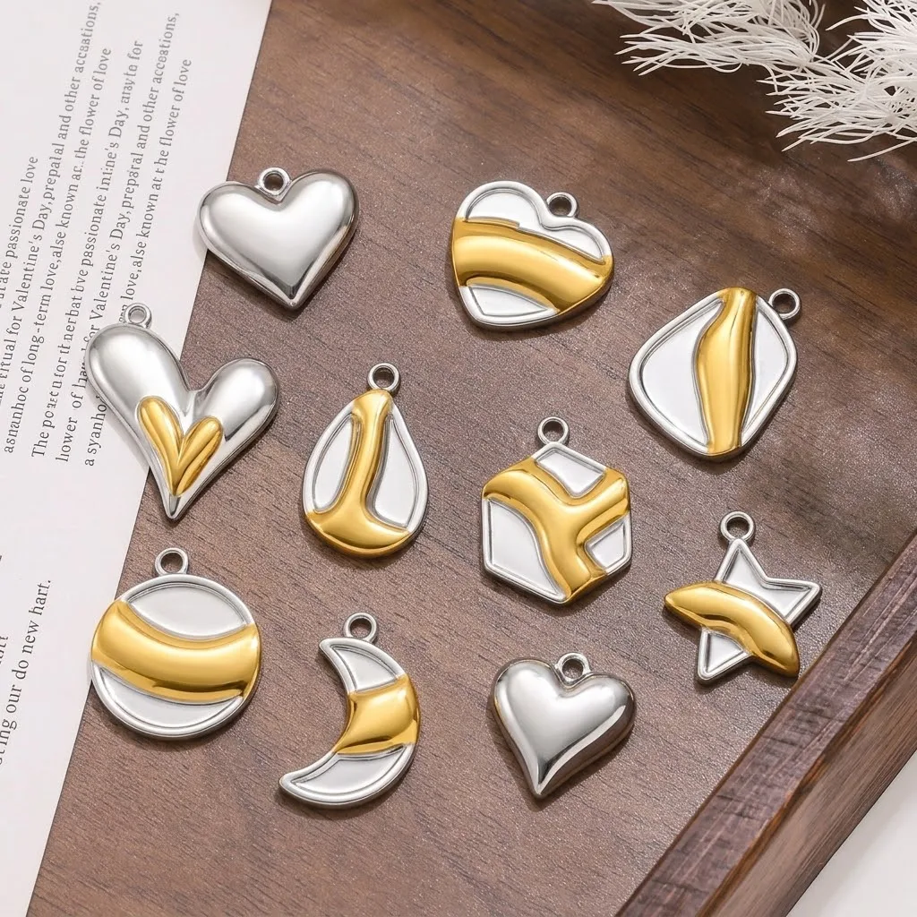 5 Stück Edelstahl-Anhänger mit rundem Herz- und Sterndesign für DIY-Halsketten, Ohrringe, Charms, Bastelarbeiten, Schmuckherstellung, Zubehör – Detail 1