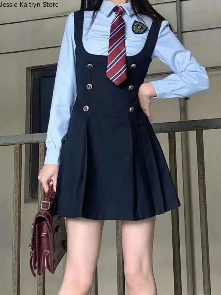 Japanese Kawaii JK School Uniform Summer Cute Slim Shirt Uniform Sets Solid Graduation School Girls Cosplay Strap Skirt Costume