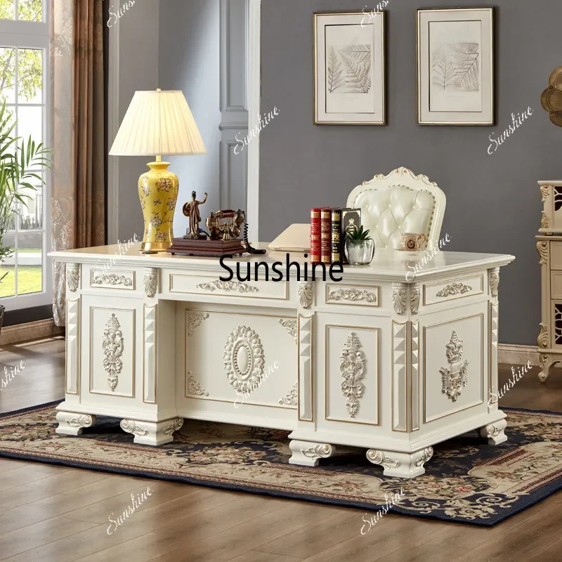 American-style solid wood writing desk, CEO boss's desk, white with gold accents  FT