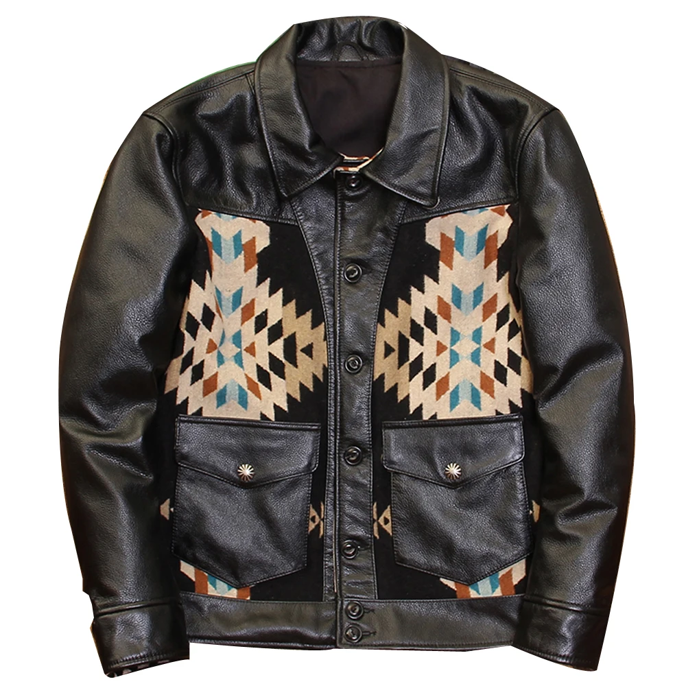 

Imported Quality Mens Cowhide Coat 5XL Navajo Totem Pattern Genuine Leather Jacket For Men Winter Streetwear American Designer