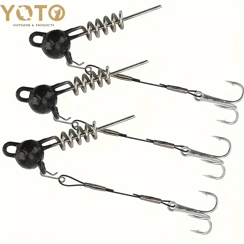 YOTO 1set Screwball Jig Head Rig With Hook For Soft Fishing Lures, Treble Hook For Pike Perch Zander Bass, 2 Arms Wire Leaders