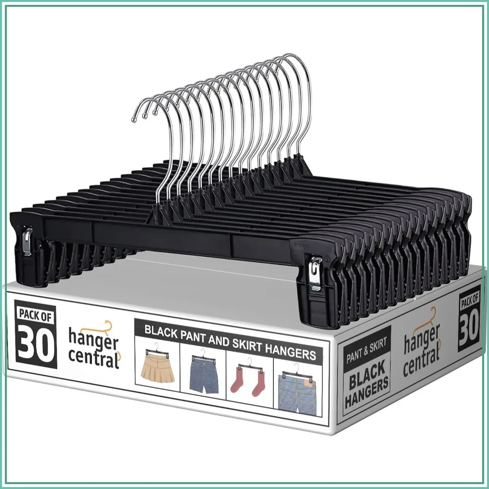 12-Inch 30-Pack Pants Hangers with Clips – Non-Slip, Heavy Duty, Space-Saving Black Closet Organizer