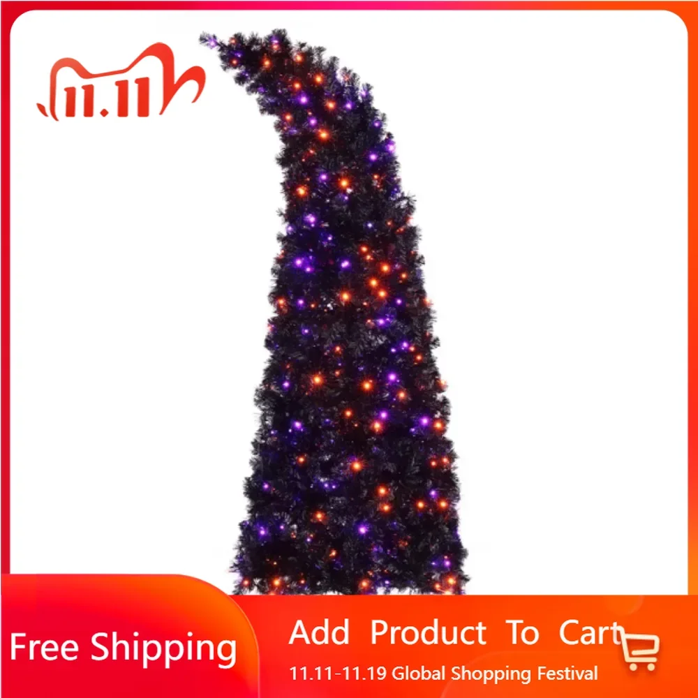 Black 400 Lights Purple and Orange 10 Functions with Remote Control 1050 Branches Wizard Hat Shape PVC Material Christmas Tree