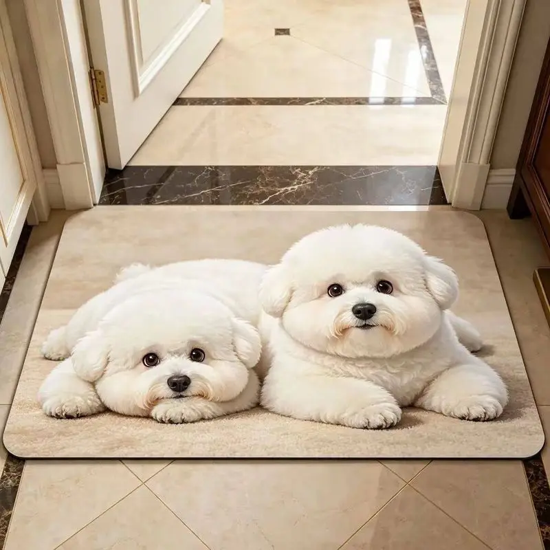 VIKAMA Cute Poodle Dog Print Door Mat Plush Anti-Slip Entrance Mat for Front Door Entryway Washable Easy-Care Home Decoration