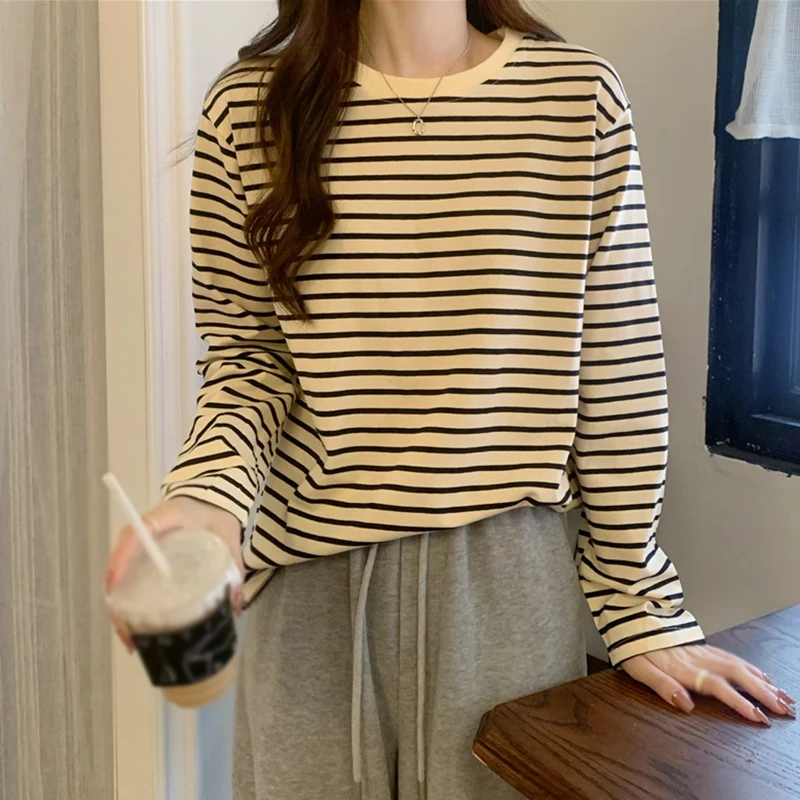 

Women Striped Tshirt Long Sleeve O-Neck T-Shirts Korean Casual Oversized T Shirt Spring Summer Ulzzang Femme Tops