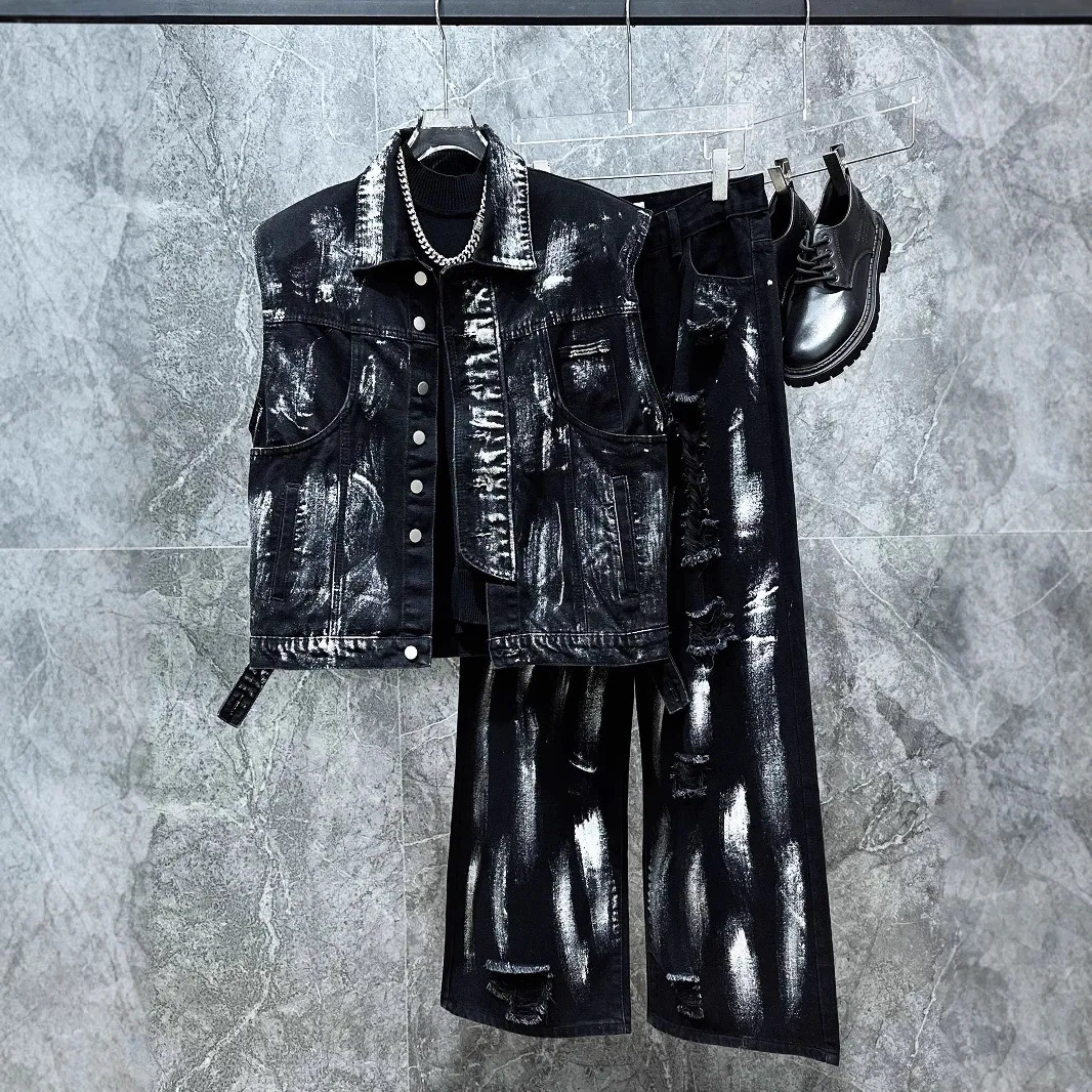 

Men's New Niche American Vintage Washed Denim Vest Set Trendy Brand Handsome Ripped Design Sense Two Piece Set