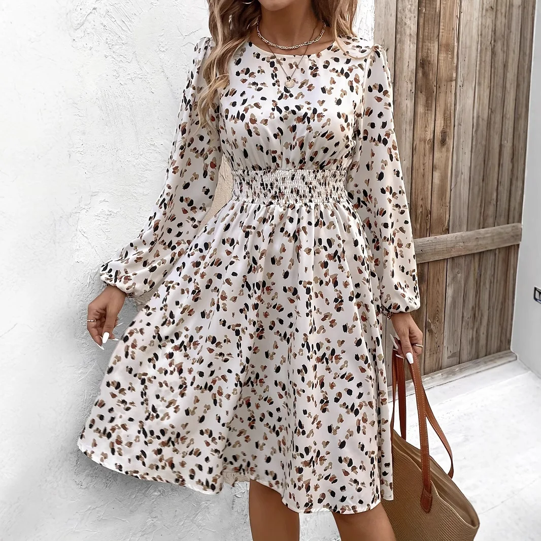 Herbst neue Rundhals floral gedruckt saum A-förmigen hosen lose taille vestidos de mujeres frauen herbst kleidung 2025, vestido midi