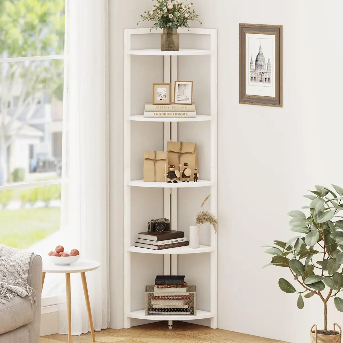 

Tall Corner Shelf, 5 Tier Modern Corner Bookshelf Stand, Wood and Metal Plant Bookcase for Living Room,Bedroom, Space