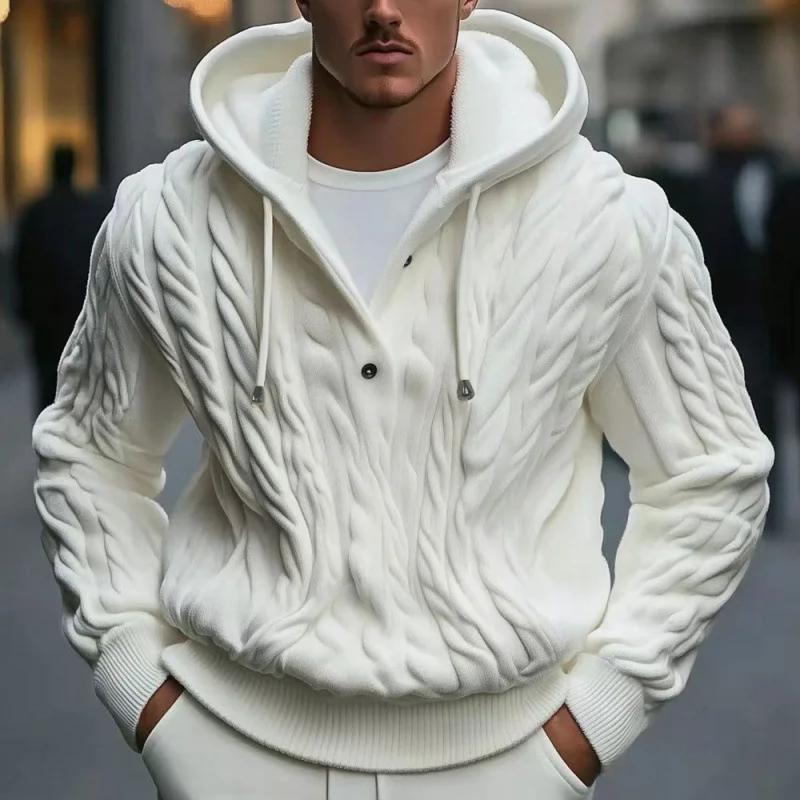 

2025 NEW Men Sweatshirts Pullovers Sweaters Solid Casual Loose Splice Hooded Knitted Drawstring Regular Thick Warm Tops Autumn W