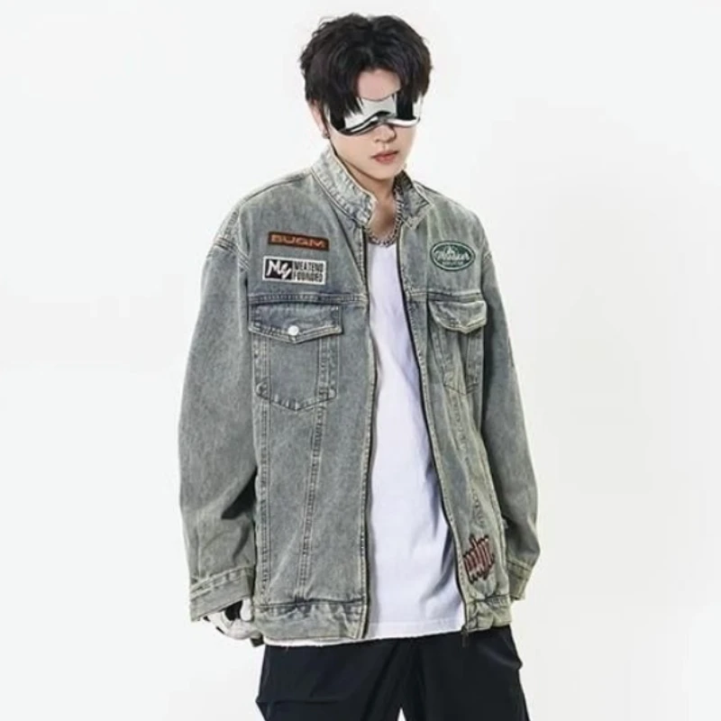 

Свободное ковбойское пальто с вышивкой для мужчин, корейская оригинальная ковбойская эстетичная модная дизайнерская мужская одежда, фирменные джинсовые куртки для мужчин