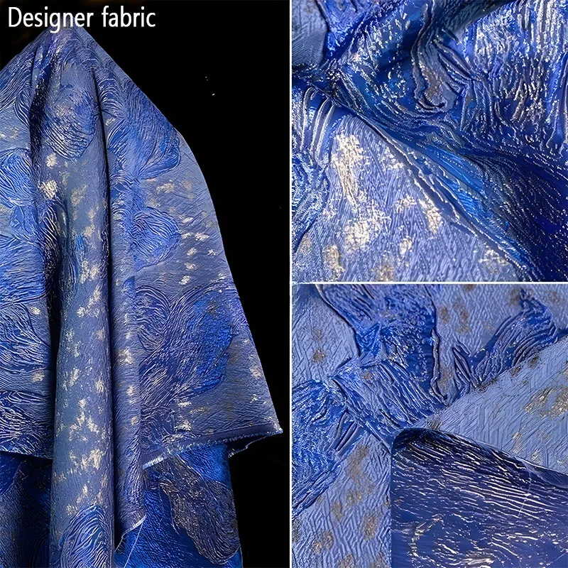 

50X135cm Delicate Brocade Fabric Chinese Retro Blue Gilt Jacquard Texture DIY Creative Clothing Designer Fabric