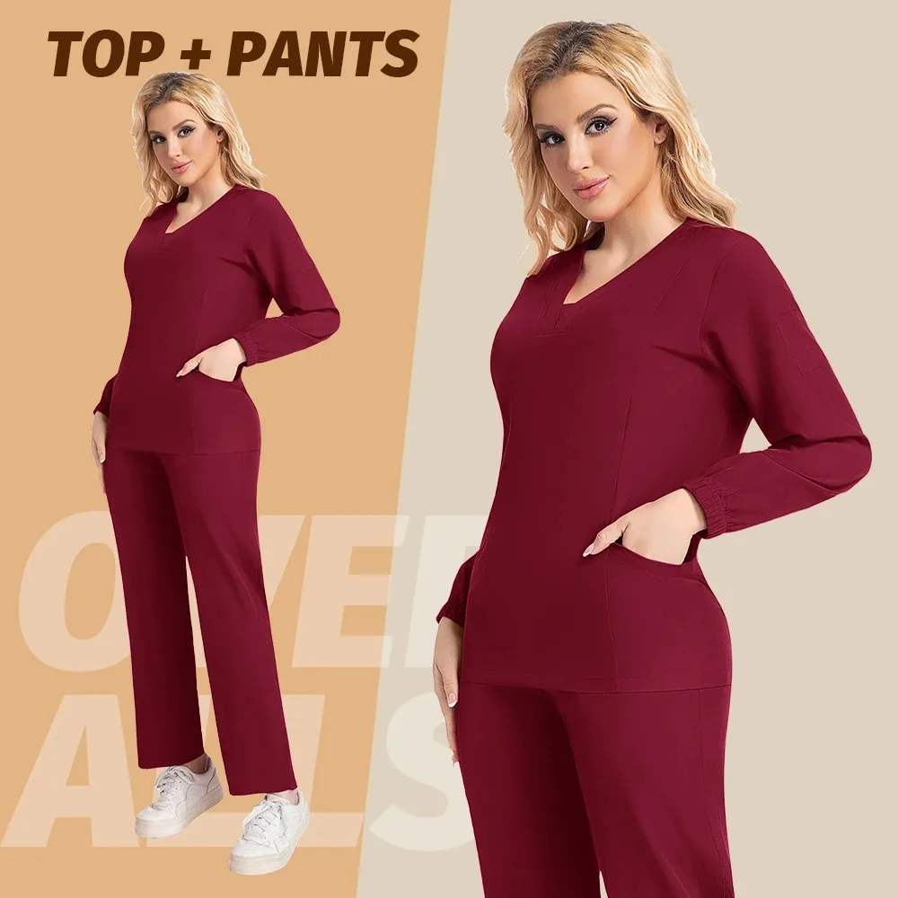 Medische scrubs-uniformen met lange mouwen Mode Ademend Ziekenhuisverpleegstersuniformen Sets Jogger-type verpleegsters-scrubset met korte mouwen