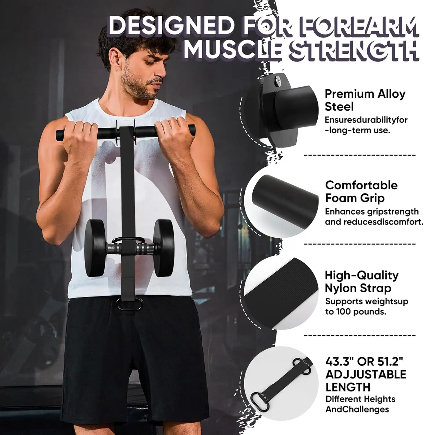 Forearm Strengthener and Wrist Roller, 43.3 inch Or 51.2 inch Ultra Strong Nylon Webbing, Forearm Exerciser with Quick Locking M