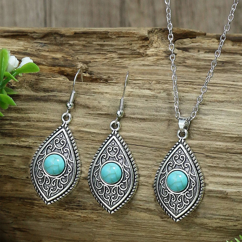 Vintage Boho Elegant Water Drop Flower Pendant Necklaces Earrings Set for Women Ethnic Blue Stone Geometric Jewelry Accessories