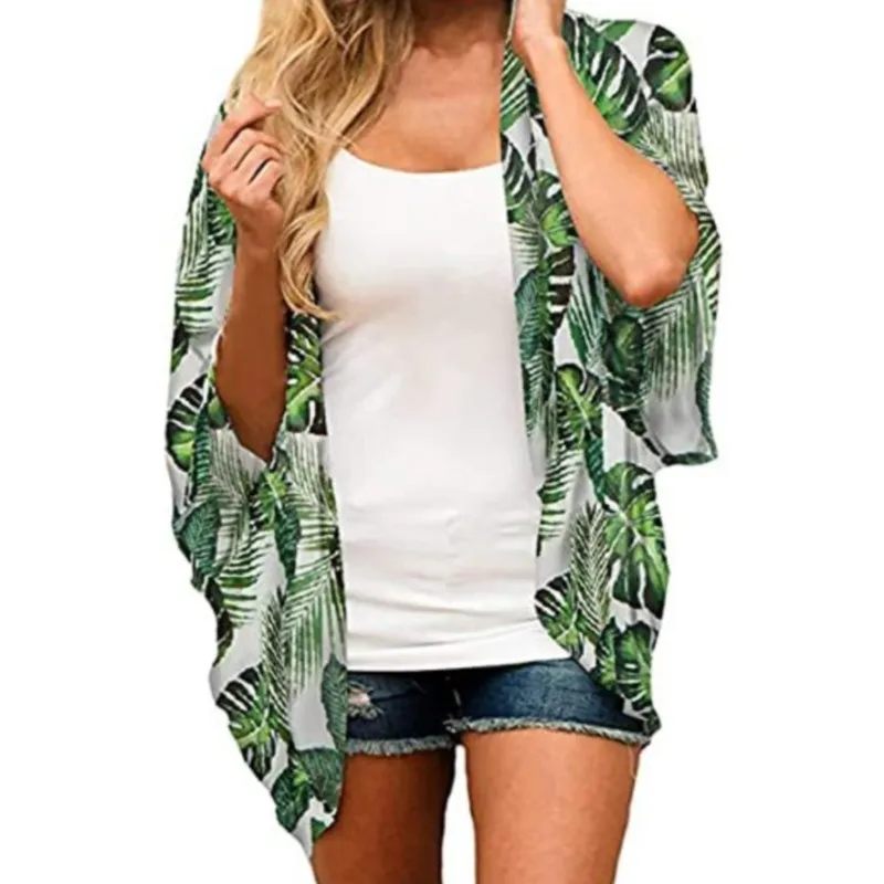 Women's Floral Printed Chiffon Cardigan Tops Short Sleeve Loose Beach Wear Cover Up Blouse Top Female Summer Sunscreen Clothing