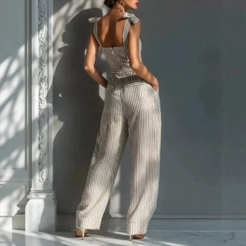 

Elegant Lady Commute Romper Fashion Stripe Printed Halter Wide Leg Jumpsuit Summer Sleeveless Hollow Out Slim Playsuits Overalls