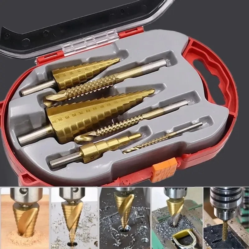 Mata bor, 6 buah Titanium Plating Set pemotong lubang logam Kayu kerucut inti alat gergaji tarik Slot Pagoda gergaji langkah bor