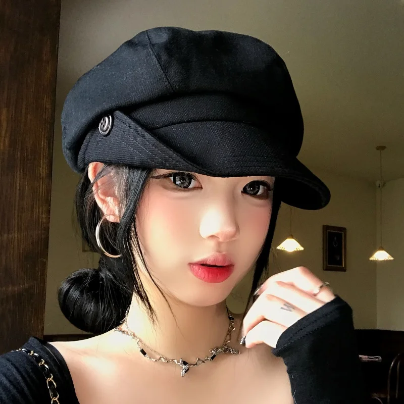 Women's Retro Octagonal Beret Button Edge Fashion Hat Children's Painter's Cap Face Enhancing Art Newspaper Style