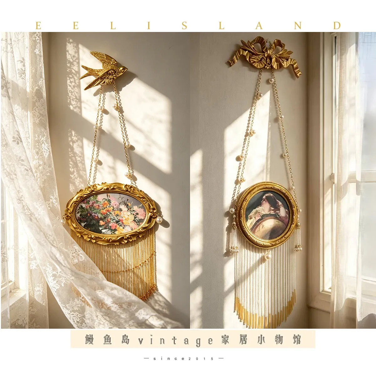 Original Medieval Home Furnishing Bow Round Hanging Painting Decoration French Pearl Fringed Pendant Bedroom Wall Hanging