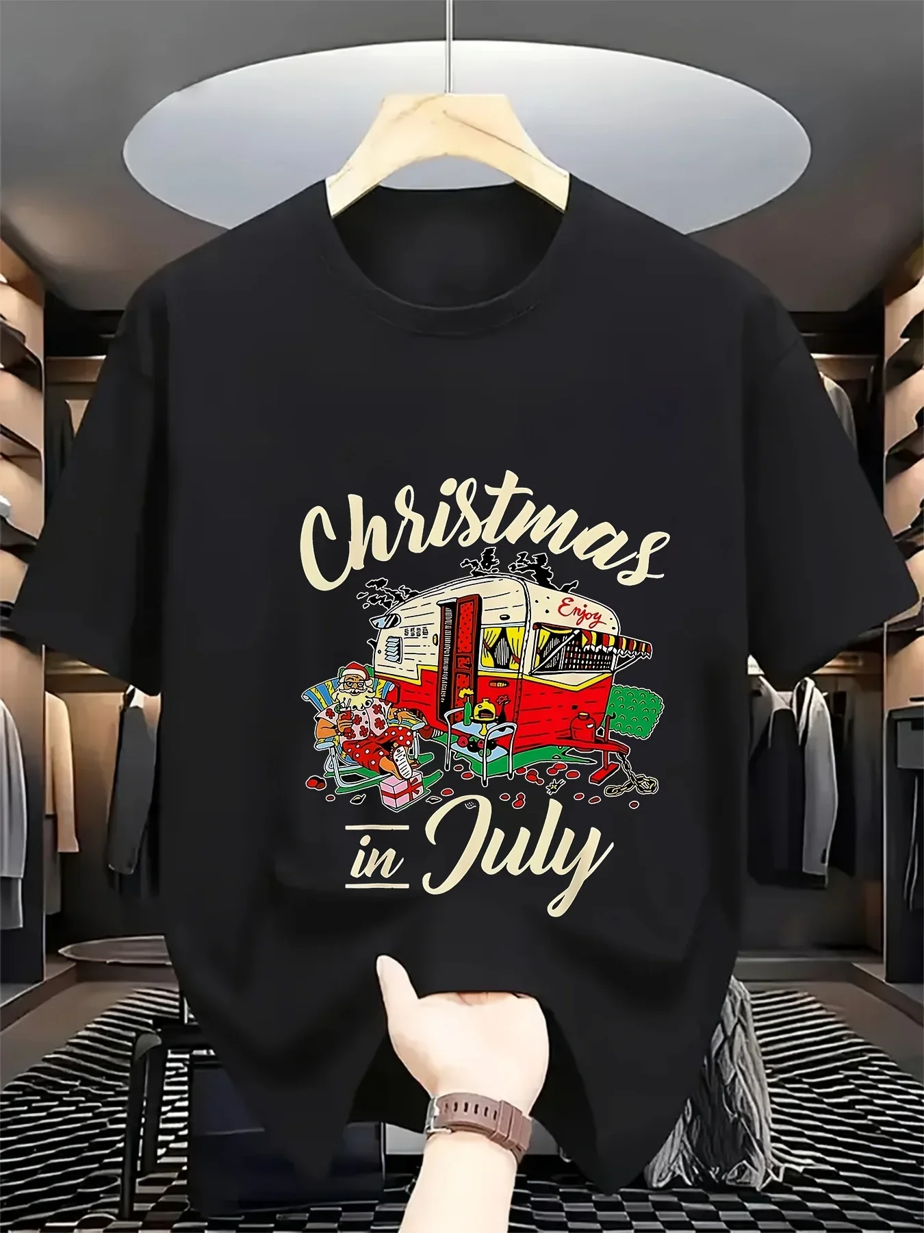 Christmas in July Vintage RV Camping T Shirt Retro Santa Same Style for Men and Women 2026 Summer Short-sleeved Printed T-shirt 180G
