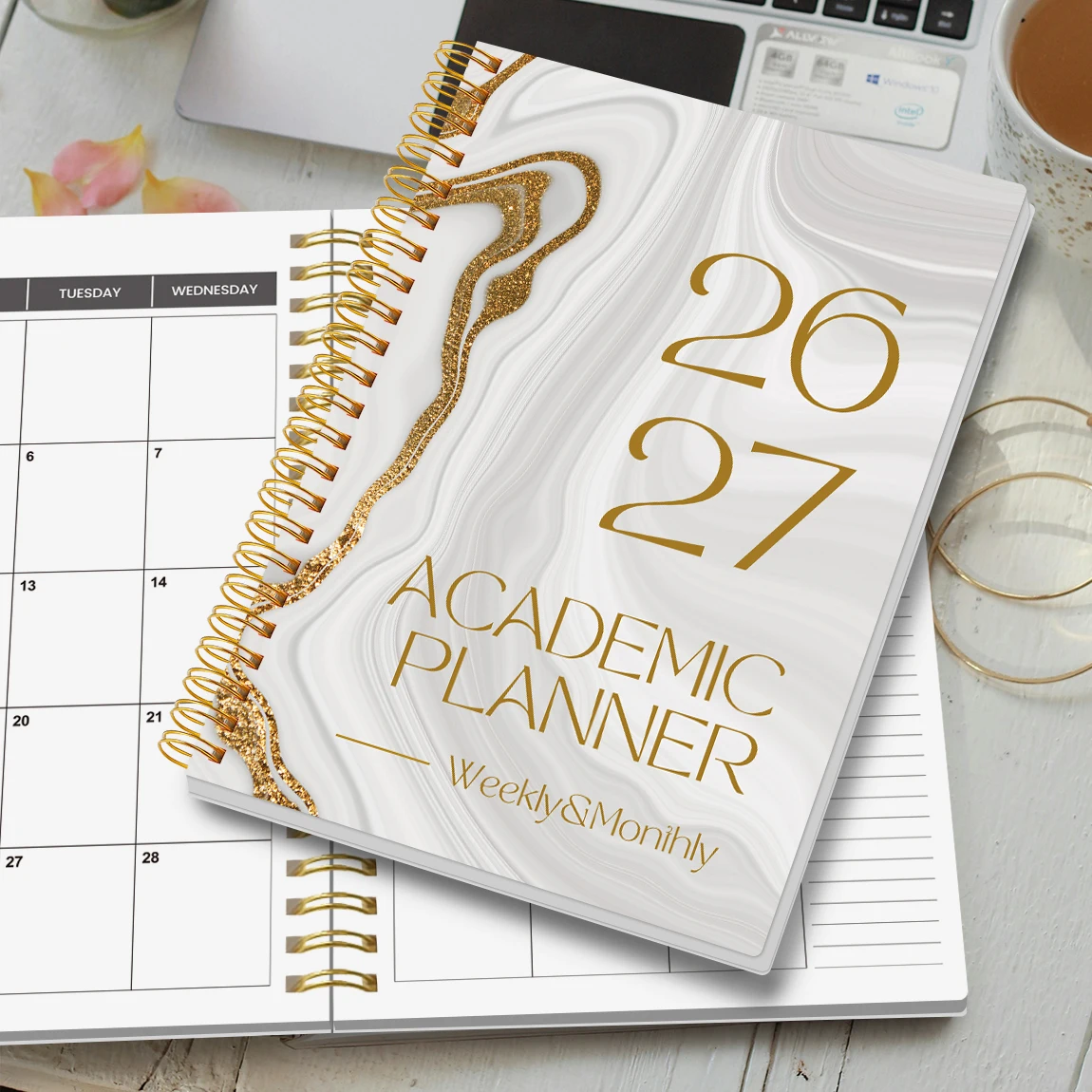 2026.1-2027.12 Agenda settimanale mensile Organizzatore accademico, elegante copertina in marmo dorato, calendario a spirale per la produttività del lavoro di studio
